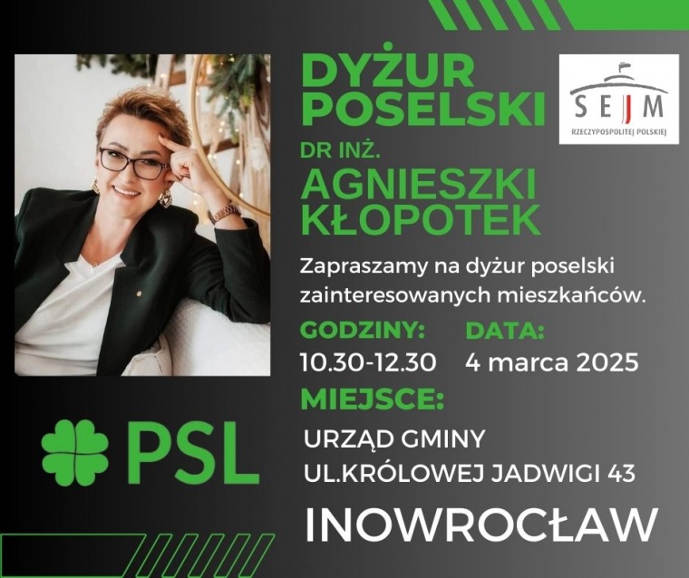 Gmina Inowrocław - Dyżur Poselski dr inż. Agnieszka Kłopotek dla zainteresowanych mieszkańców