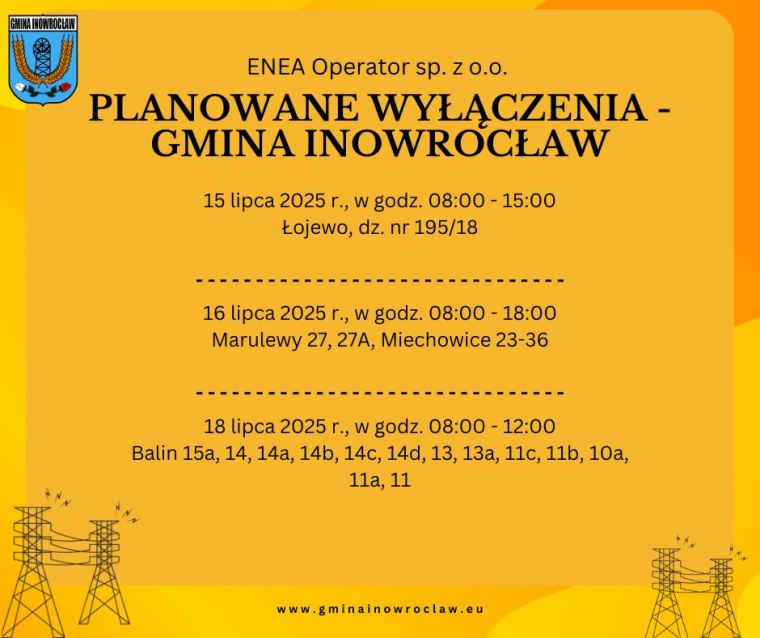 Gmina Inowrocław - PLANOWANE WYŁĄCZENIA PRĄDU- GMINA INOWROCŁAW